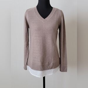 Hilary Radley Taupe V-Neck Layered-Hem Sweater